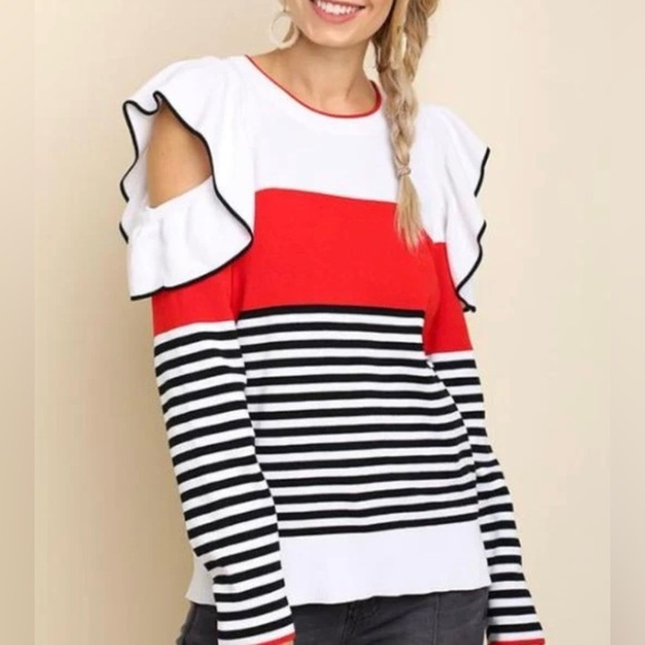 Umgee Flutter Sleeve Cold Shoulder Striped Top Size Small EUC Rayon Holiday - Picture 1 of 6